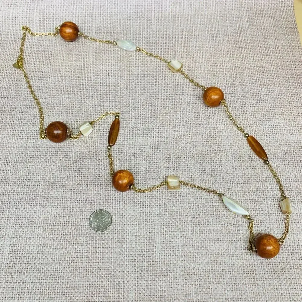 Cookie Lee Wood and Shell Bead Gold Station Necklace